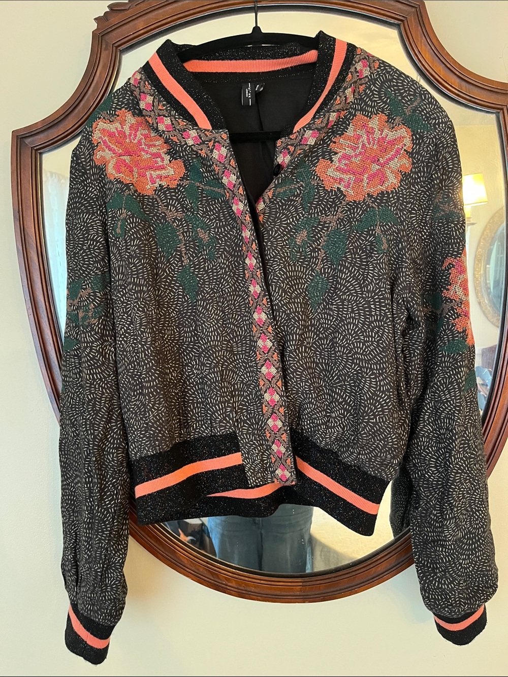 Anthropologie Black Bomber Medium Lightweight Pink Floral Embroidery Lined EUC
